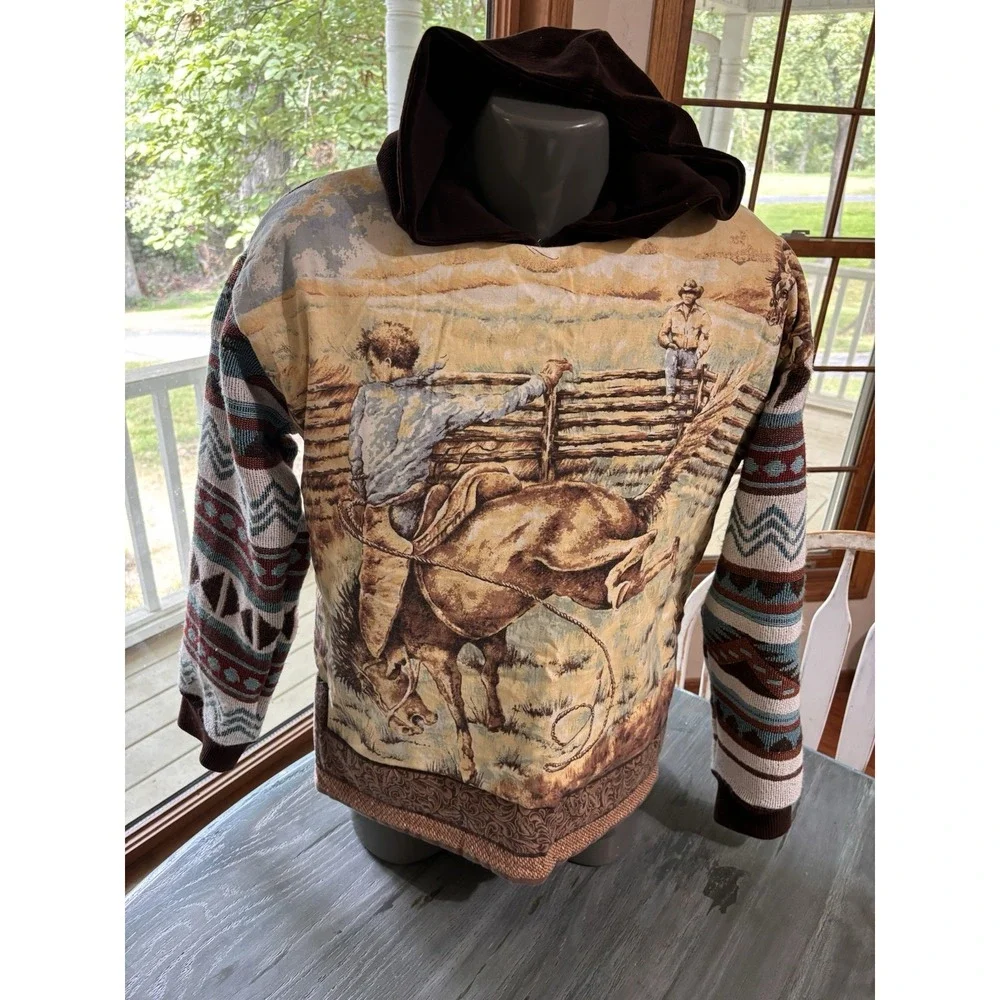 Upcycled Quilt Blanket Hoodie L-XL Handmade Rodeo Cowboy 1:1 Unisex Tapestry NEW - Picture 1 of 4